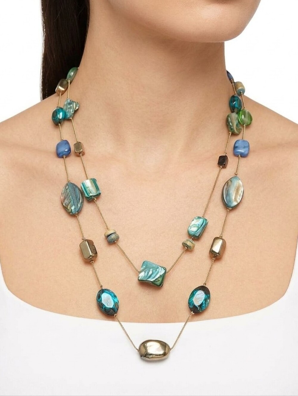 Multi-Tone Blue & Green Beaded Shell & Mother Of Pearl Multi Strand Necklace